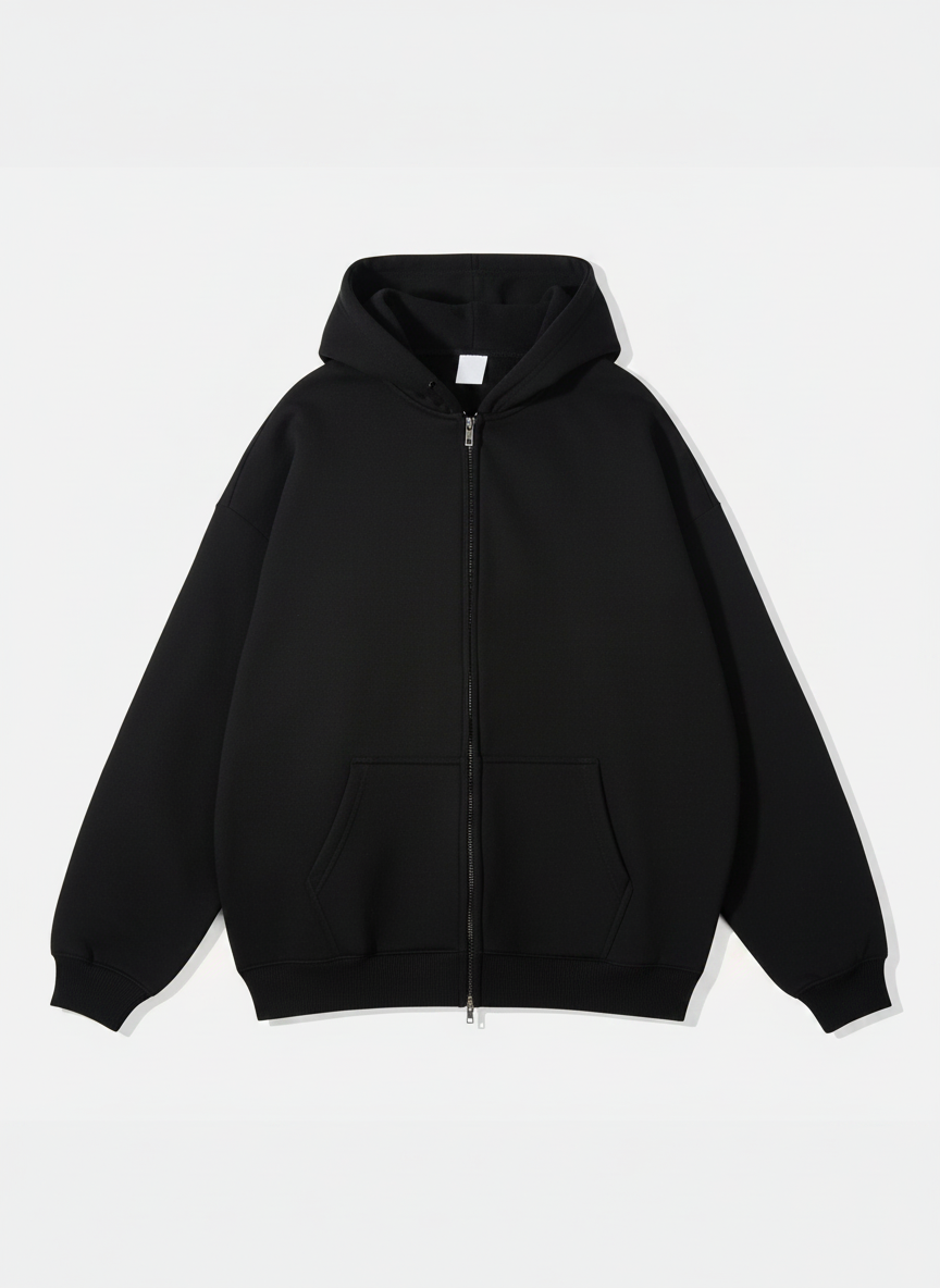 RELAXED FIT DOUBLE ZIP HOODIE - BLACK