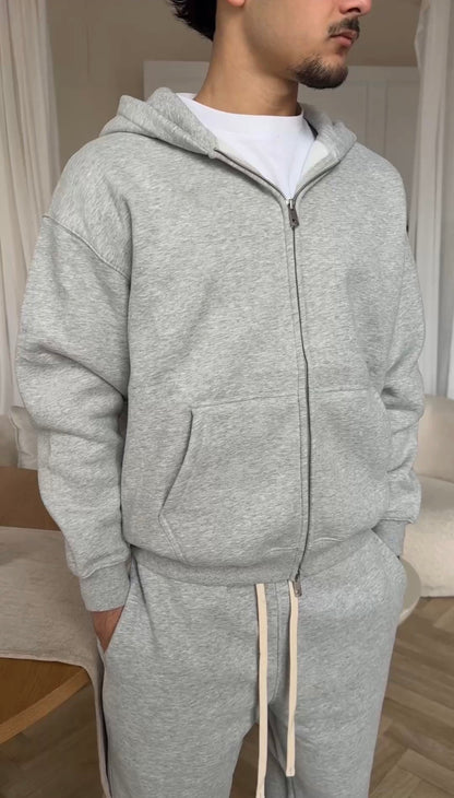 RELAXED FIT DOUBLE ZIP HOODIE - GREY