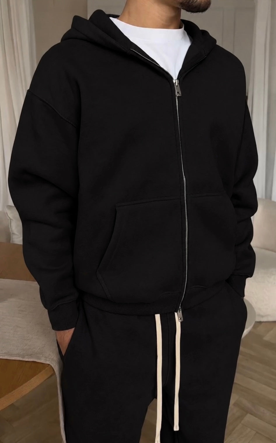RELAXED FIT DOUBLE ZIP HOODIE - BLACK