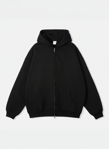 RELAXED FIT DOUBLE ZIP HOODIE - BLACK