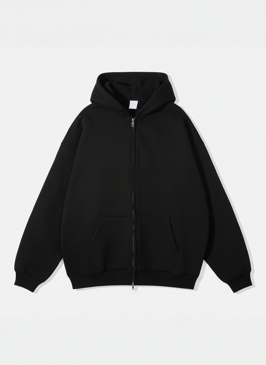 RELAXED FIT DOUBLE ZIP HOODIE - BLACK
